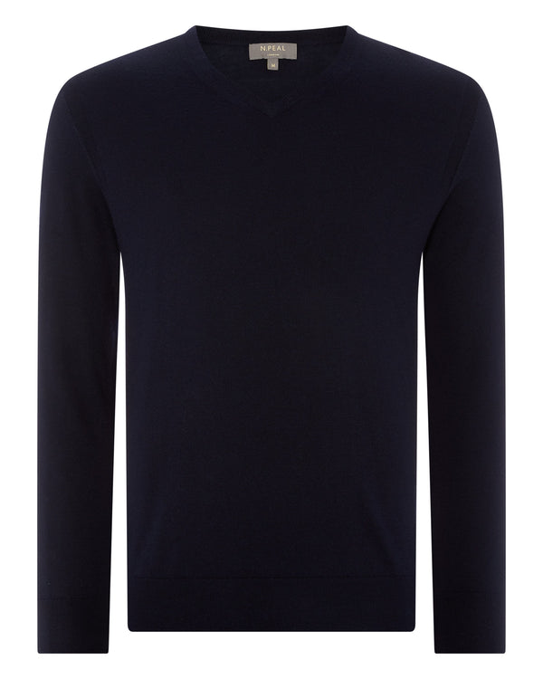 N.Peal Men's Conduit Fine Gauge Cashmere V Neck Jumper Navy Blue