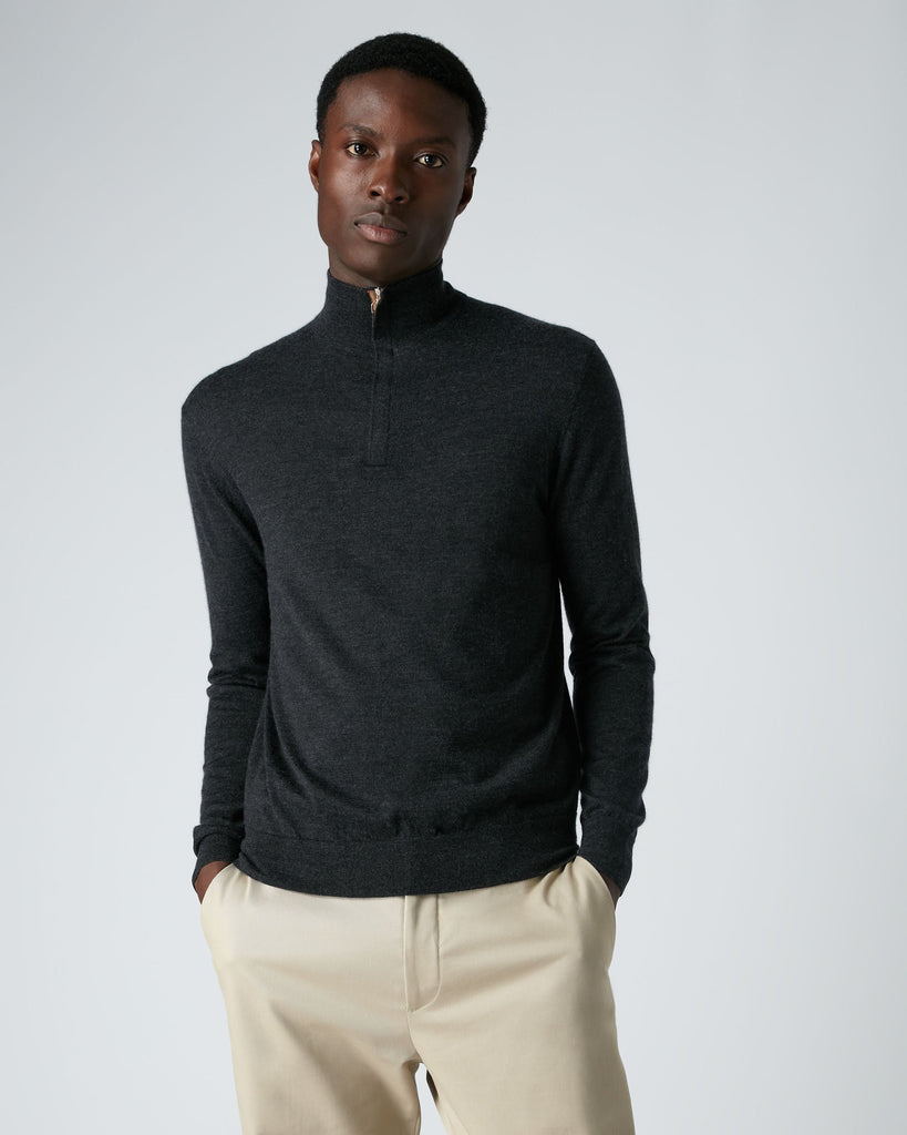 Men's Regent Fine Gauge Cashmere Half Zip Sweater Dark Charcoal