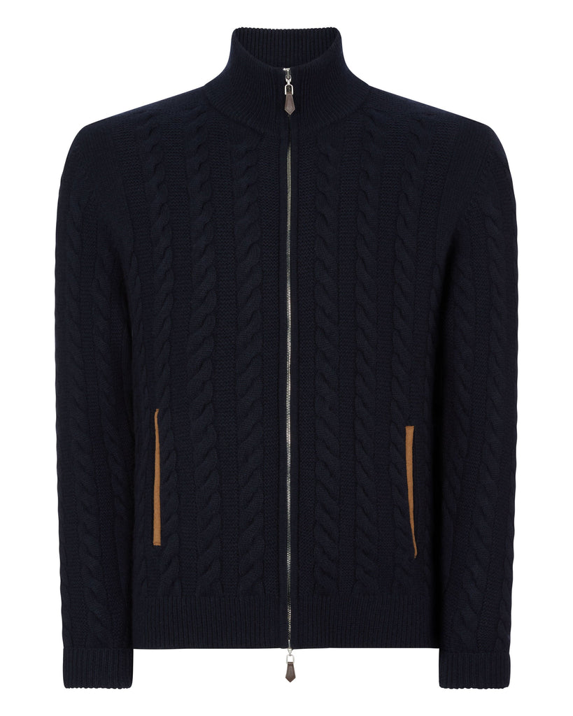 N.Peal Men s Cashmere Richmond Cable Cashmere Cardigan Navy Blue S