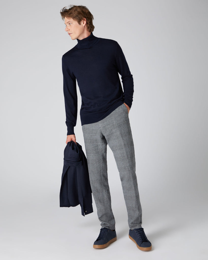 Men s Fine Gauge Cashmere Turtle Neck Sweater Navy Blue N.Peal