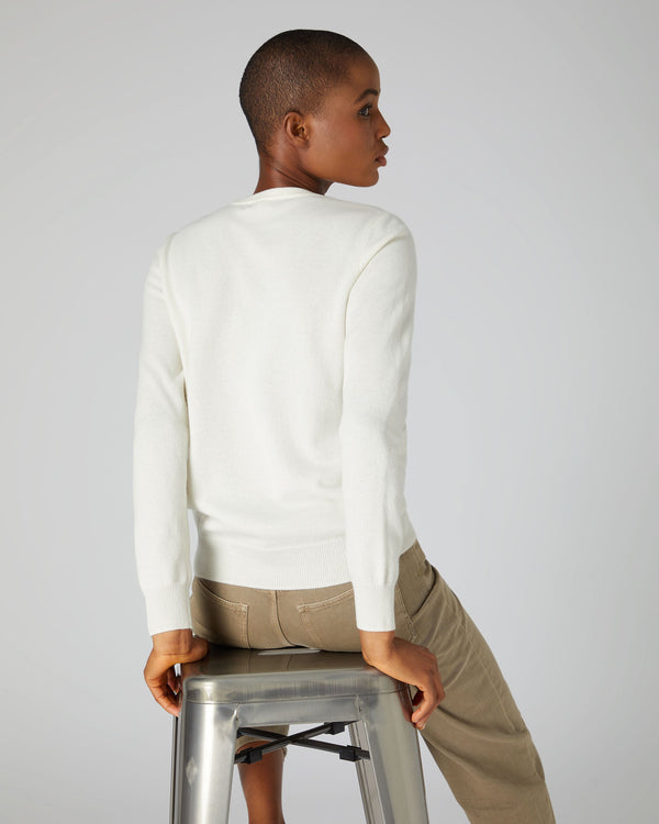 N.Peal Women's Evie Classic Round Neck Cashmere Jumper New Ivory White