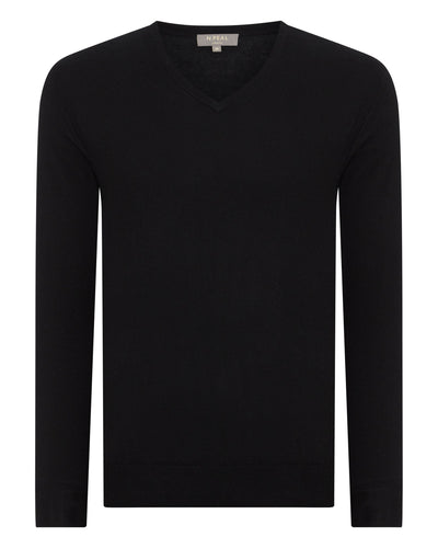 N.Peal Men's Conduit Fine Gauge Cashmere V Neck Jumper Black