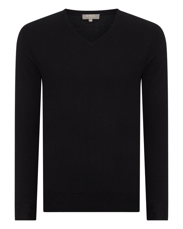N.Peal Men's Conduit Fine Gauge Cashmere V Neck Jumper Black