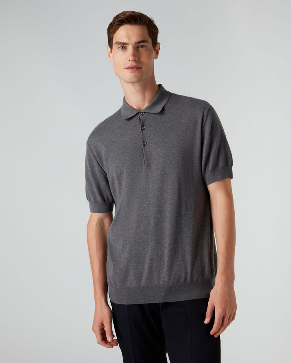 N.Peal 007 Short Sleeve Cotton Cashmere Collared Polo T Shirt Smoke Grey