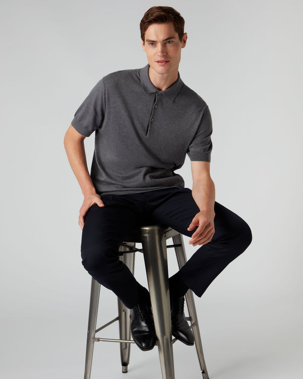 N.Peal 007 Short Sleeve Cotton Cashmere Collared Polo T Shirt Smoke Grey