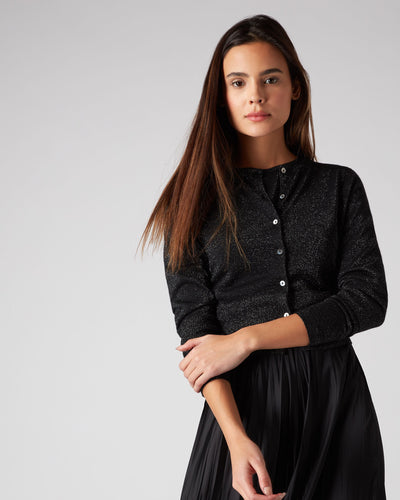 N.Peal Women's Superfine Cropped Cashmere Cardigan With Lurex Black Sparkle