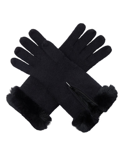 N.Peal Women's Fur Trim Cashmere Gloves Black