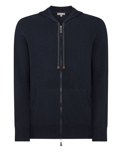 N.Peal Men's Hooded Zipped Cashmere Top Navy Blue