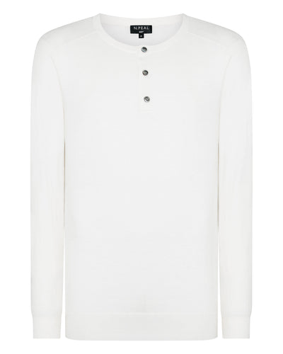N.Peal 007 Round Neck Cotton Cashmere Henley New Ivory White