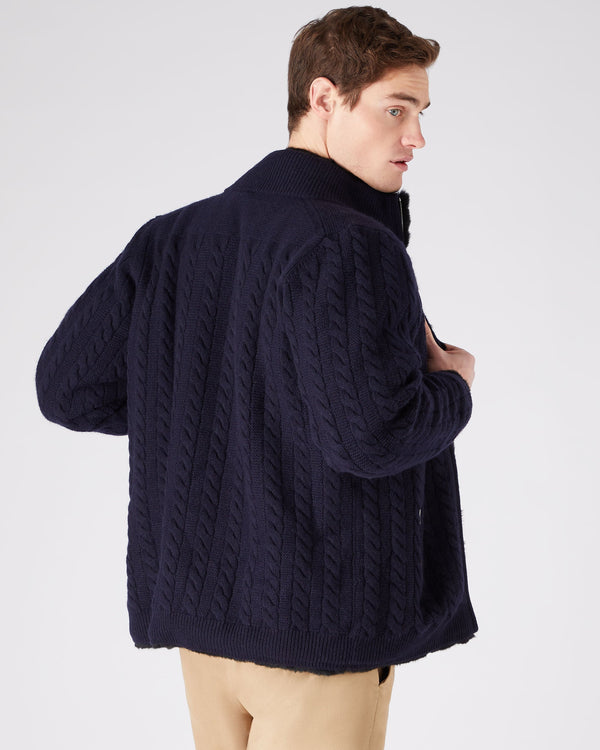 N.Peal Men's Fur Lined Cable Cardigan Navy Blue