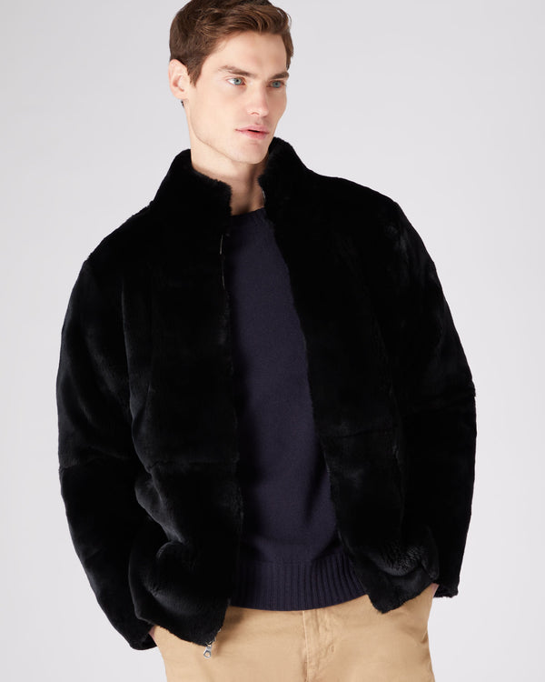 N.Peal Men's Fur Lined Cable Cardigan Navy Blue