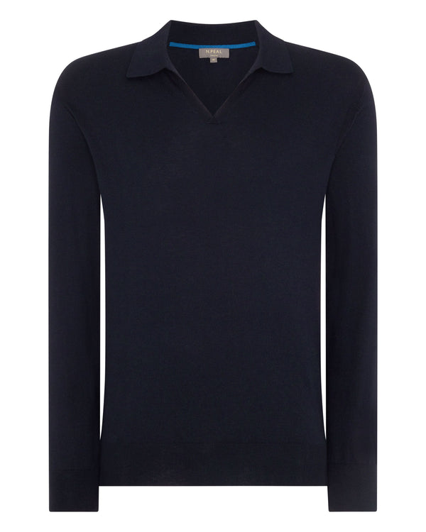 N.Peal Men's Polo Neck Cotton Cashmere Sweater Navy Blue