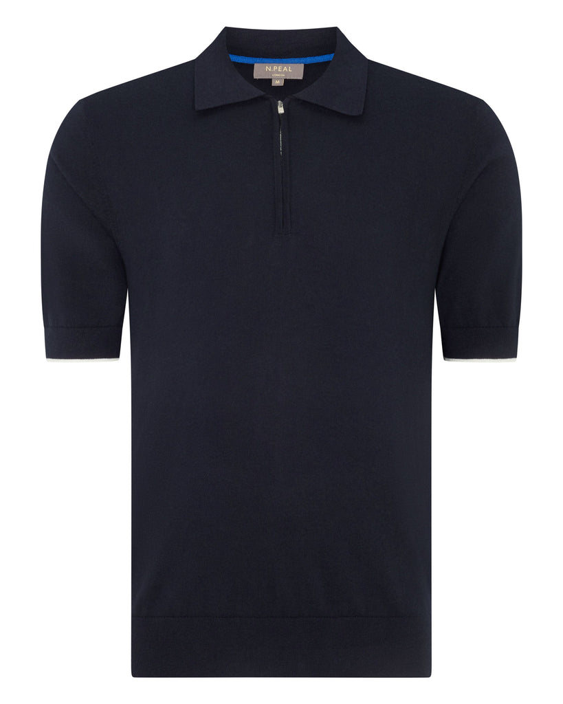 Men's Polo Zip Cotton Cashmere T-Shirt Navy Blue