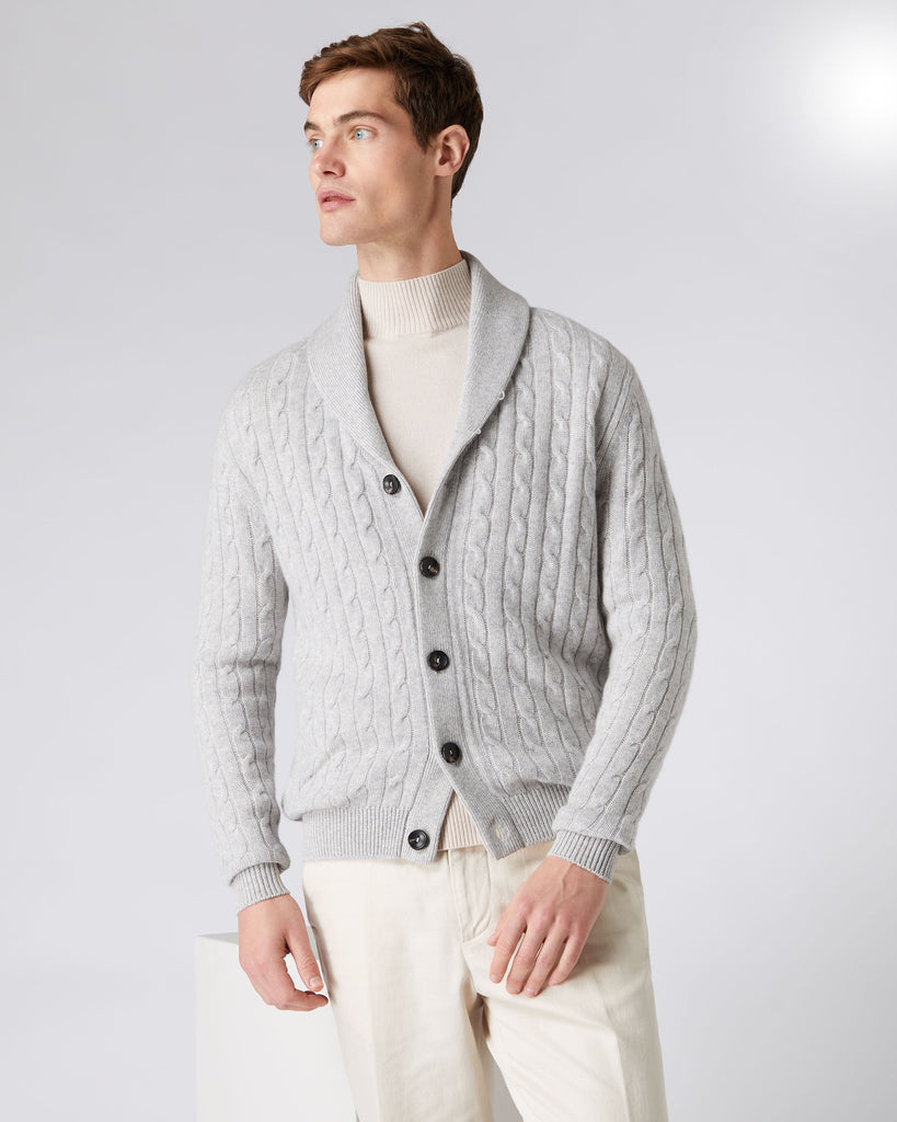 Men's Shawl Collar Cable Cashmere Cardigan Fumo Grey | N.Peal