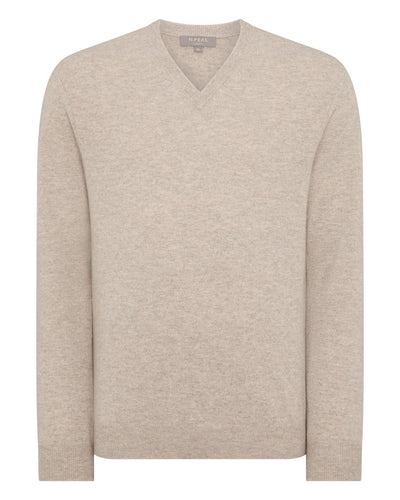 N.Peal Men's Burlington V Neck Cashmere Jumper Oatmeal Brown