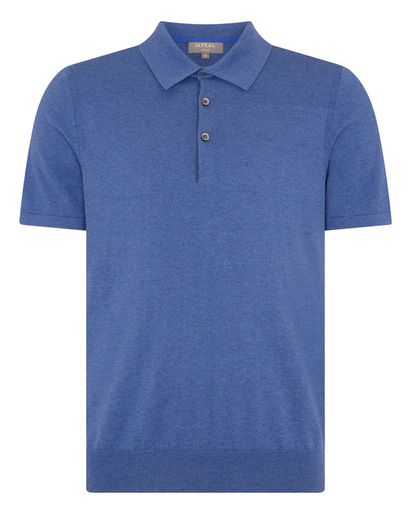 N.Peal Men's Polzeath Cotton Cashmere Polo T-Shirt Denim Blue