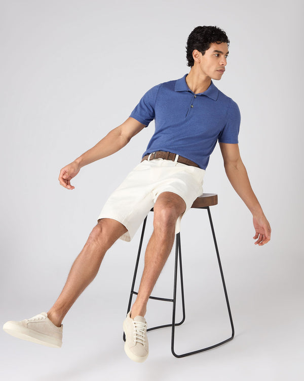 N.Peal Men's Polzeath Cotton Cashmere Polo T-Shirt Denim Blue