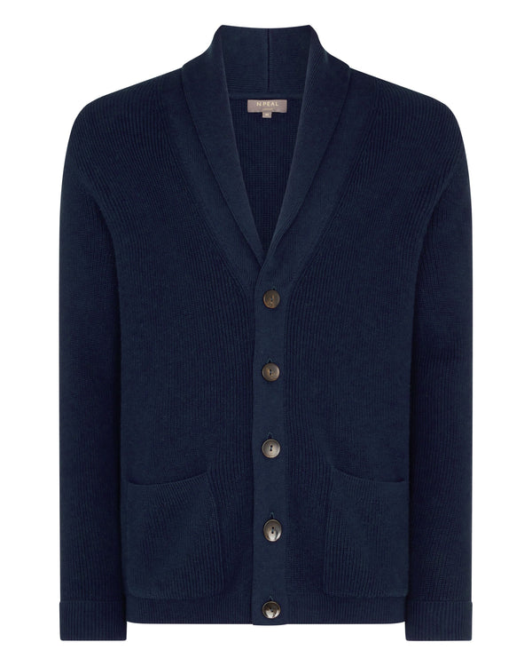 N.Peal Men's Cotton Cashmere Silk Cardigan Navy Blue