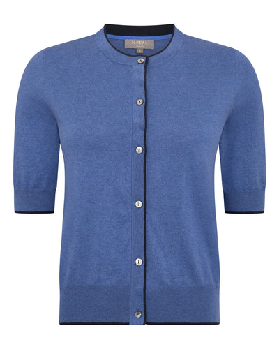N.Peal Women's Cotton Cashmere Short Sleeve Cardigan Denim Blue