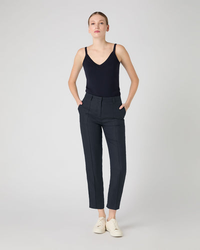 N.Peal Women's Harper Crop Linen Trouser Navy Blue