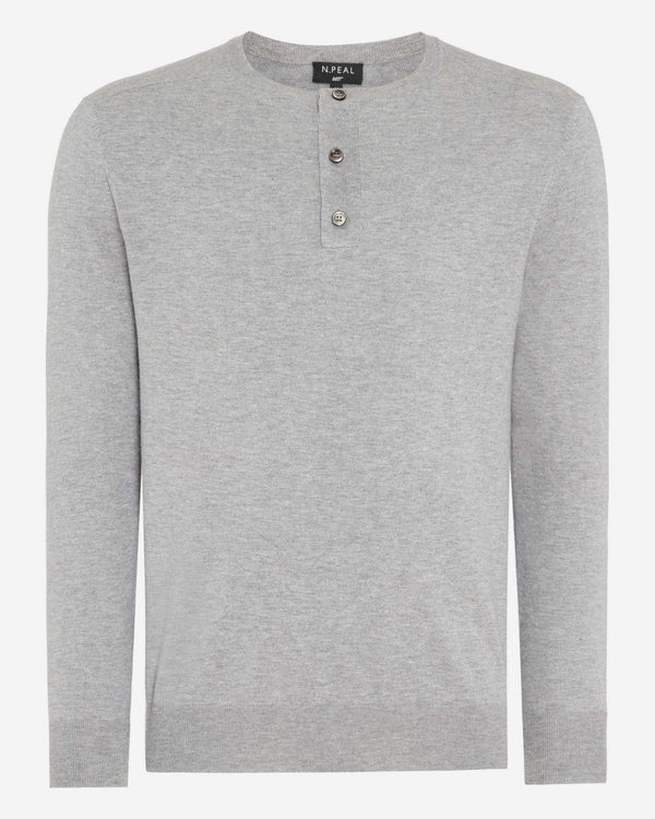 N.Peal 007 Round Neck Cotton Cashmere Henley Light Grey