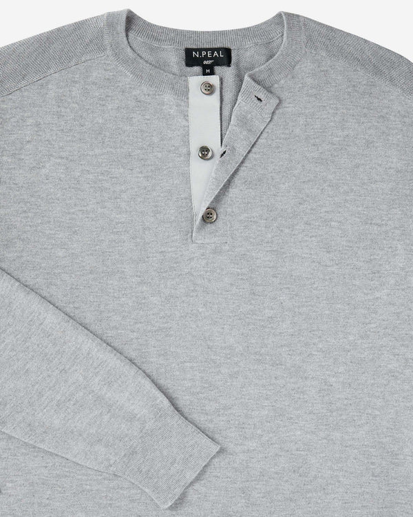 N.Peal 007 Round Neck Cotton Cashmere Henley Light Grey