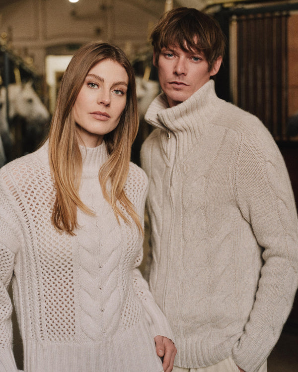 N.Peal Men's Chunky Cable Full Zip Cashmere Jumper Ash Grey Marl