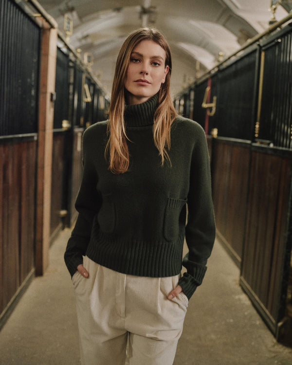 N.Peal Women's Cropped Roll Neck Cashmere Jumper Army Green