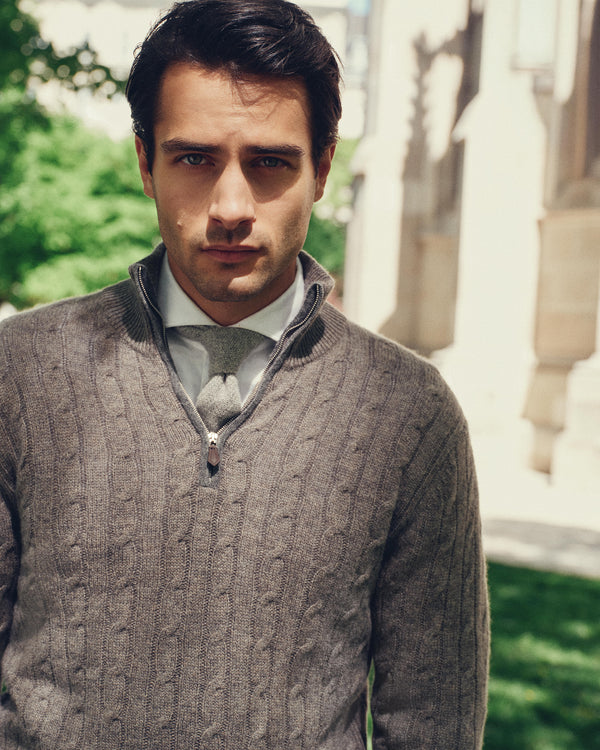N.Peal Men's Albemarle Cable Half Zip Cashmere Sweater Wood Smoke Brown