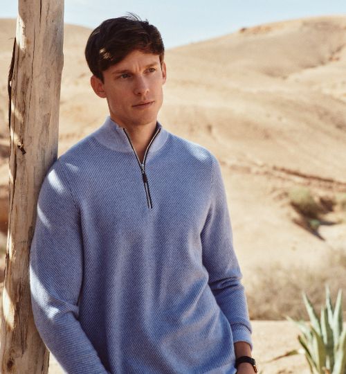 Men's Diagonal Stripe Half Zip Cashmere Sweater Cornflower Blue
