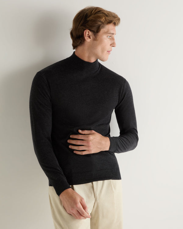 N.Peal Men's Pimlico Fine Gauge Cashmere Roll Neck Jumper Dark Charcoal Grey