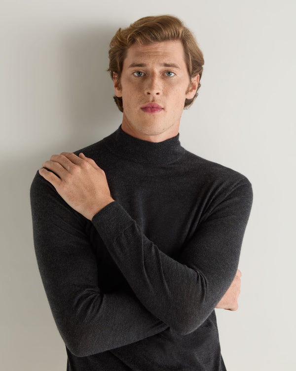 N.Peal Men's Pimlico Fine Gauge Cashmere Roll Neck Jumper Dark Charcoal Grey