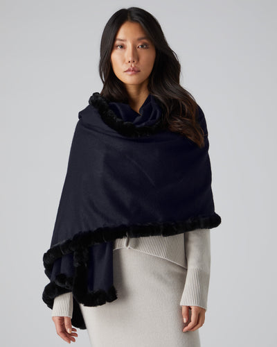 N.Peal Women's Meribel Woven Fur Trim Cashmere Shawl Navy Blue