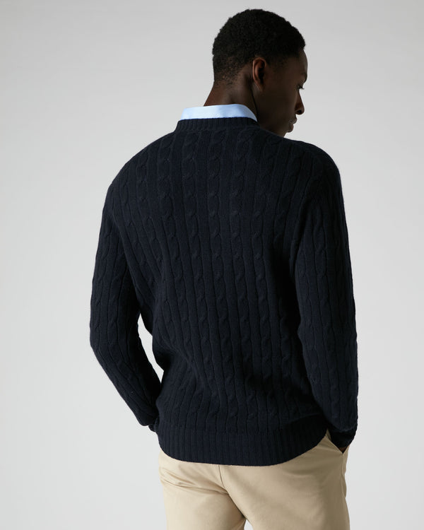 N.Peal Men's Thames Cable Round Neck Cashmere Jumper Navy Blue