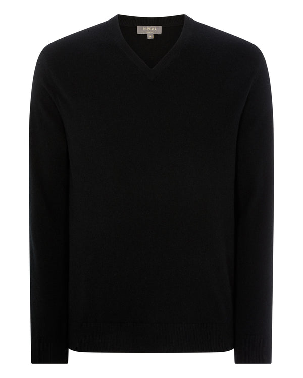 N.Peal Men's Burlington V Neck Cashmere Jumper Black