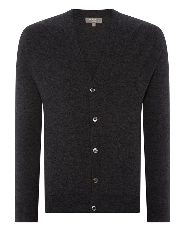 N.Peal Men's Curzon Fine Gauge Cashmere Cardigan Dark Charcoal Grey