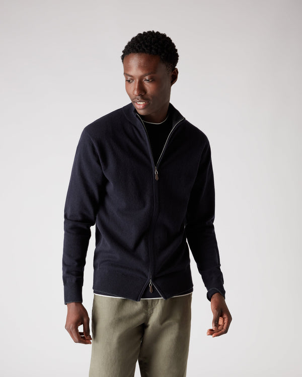 N.Peal Men's Knightsbridge Full Zip Cashmere Jumper Navy Blue