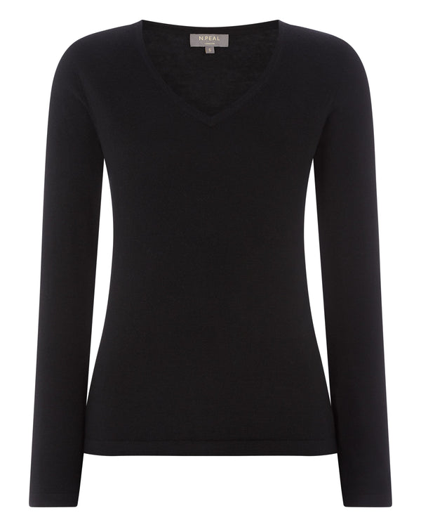 N.Peal Women's Imogen Superfine Cashmere V Neck Jumper Black