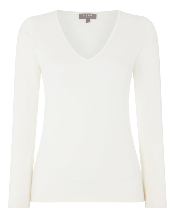 N.Peal Women's Imogen Superfine Cashmere V Neck Jumper New Ivory White