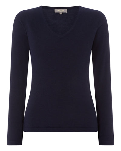 N.Peal Women's Imogen Superfine Cashmere V Neck Jumper Navy Blue