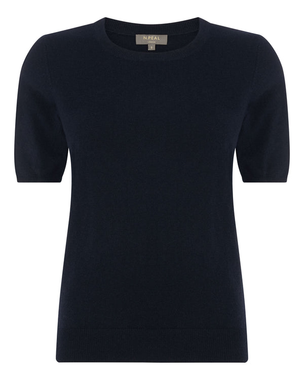 N.Peal Women's Round Neck Cashmere T Shirt Navy Blue