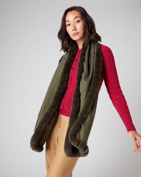 N.Peal Women's Meribel Woven Fur Trim Scarf Moss Green