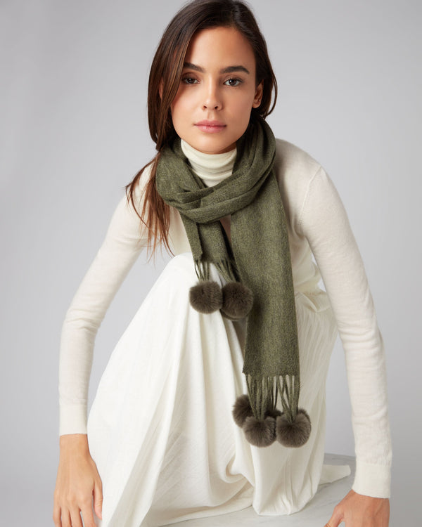 N.Peal Women's Davos Fur Bobble Cashmere Scarf Moss Green