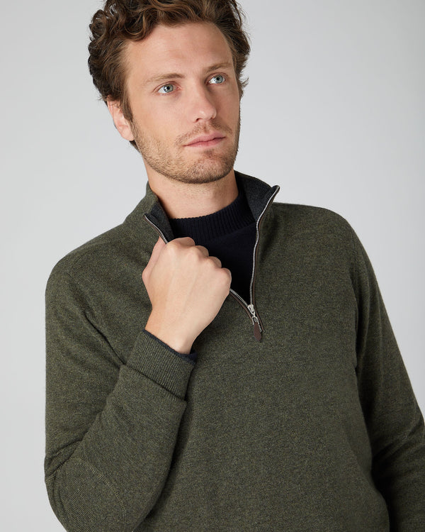 N.Peal Men's Carnaby Half Zip Cashmere Jumper Moss Green