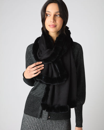 N.Peal Women's Meribel Woven Fur Trim Scarf Black