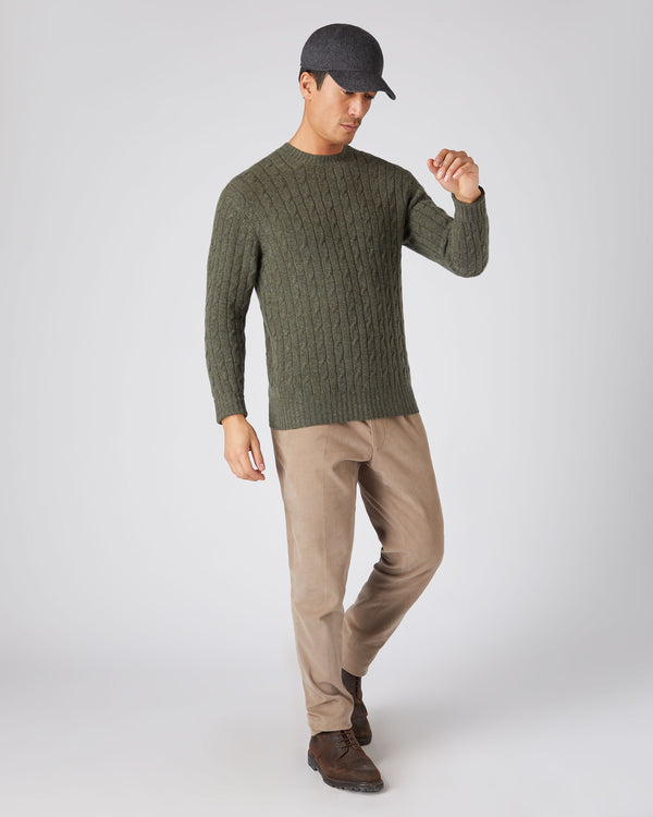 N.Peal Men's Thames Cable Round Neck Cashmere Jumper Moss Green