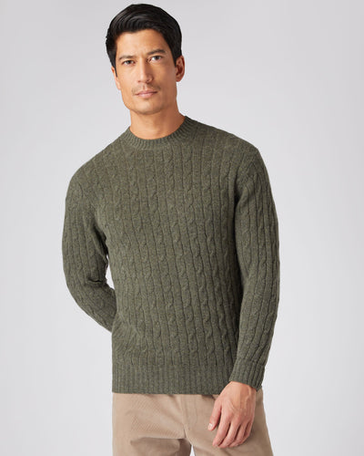 N.Peal Men's Thames Cable Round Neck Cashmere Jumper Moss Green