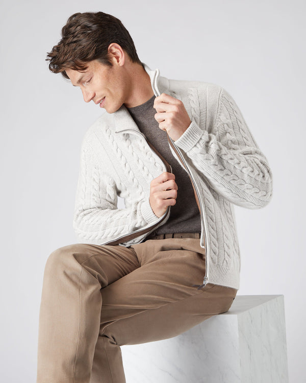 N.Peal Men's Richmond Cable Cashmere Cardigan Pebble Grey