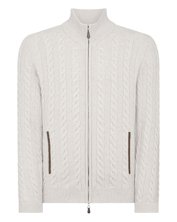 N.Peal Men's The Richmond Cable Cashmere Cardigan Pebble Grey