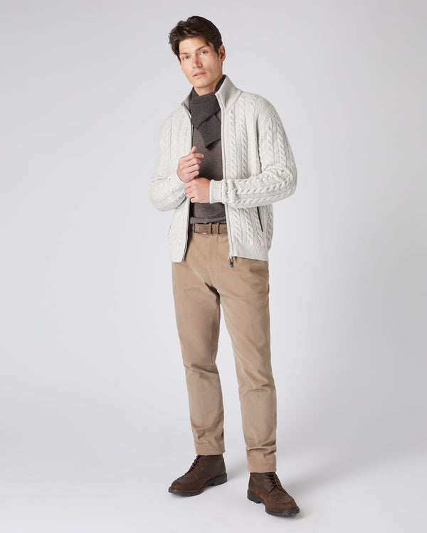 N.Peal Men's Richmond Cable Cashmere Cardigan Pebble Grey